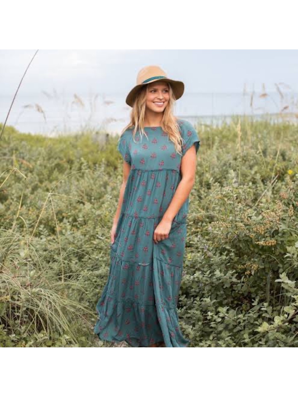 Natural Life Berkley Maxi Dress XS/S Teal Wildflower Floral Boho Cotton Rayon